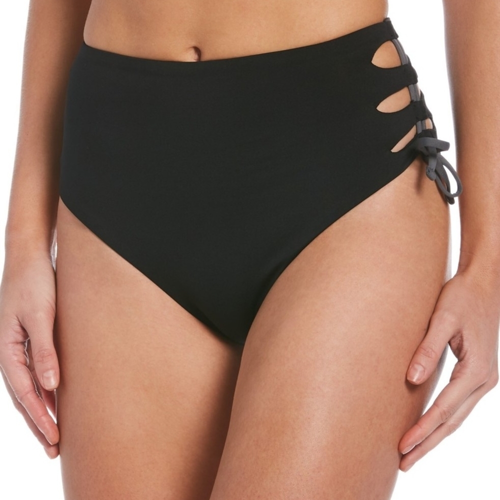 NWT NIKE High Waisted Lace Up Cheeky Swim Bottoms in Black and Grey XL